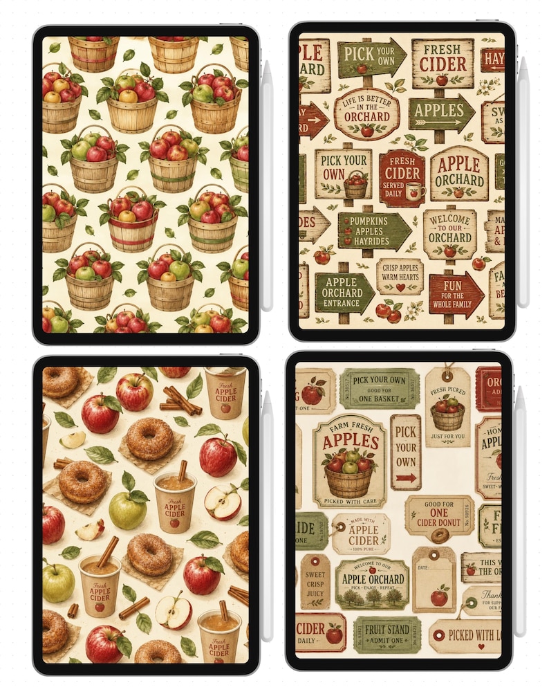 Peut inclure: Quatre tablettes affichant des motifs num&eacute;riques : un avec des paniers de pommes, un avec des panneaux de verger, un avec des pommes, des beignets et des tasses de cidre, et un avec des &eacute;tiquettes de verger vintage. Un stylet est fix&eacute; sur le c&ocirc;t&eacute;.