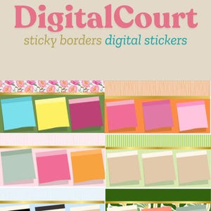 May include: DigitalCourt graphic with the text "DigitalCourt sticky borders digital stickers" in pink and teal. The image features colorful sticky notes in various colors, including blue, yellow, pink, and orange, with decorative borders.