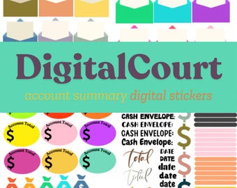 Peut inclure: Autocollants numériques pour la budgétisation et le suivi des comptes. Les autocollants représentent des enveloppes, des sacs d'argent, des signes de dollar et des étiquettes de texte telles que "Total du compte", "Enveloppe de trésorerie" et "Total". Les autocollants sont de différentes couleurs, notamment le rose, le jaune, le vert, le bleu et l'orange.