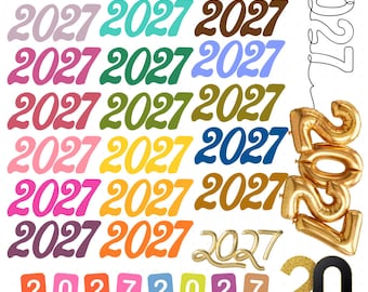 May include: A collection of the number 2027 displayed in various fonts, colors, and styles, including solid colors, a single-line outline, gold metallic foil balloons, and individual numbers on colorful rectangular backgrounds.