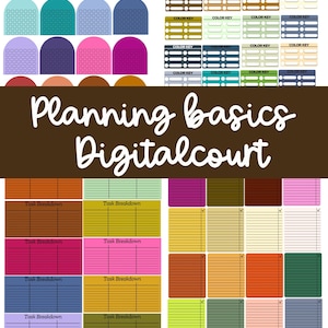 Puede incluir: Una plantilla de planificación digital con varias secciones codificadas por colores. La imagen presenta claves de color, desgloses de tareas y páginas rayadas en una gama de colores, incluyendo rosa, verde y marrón. También se ve el texto "Planning basics Digitalcourt".