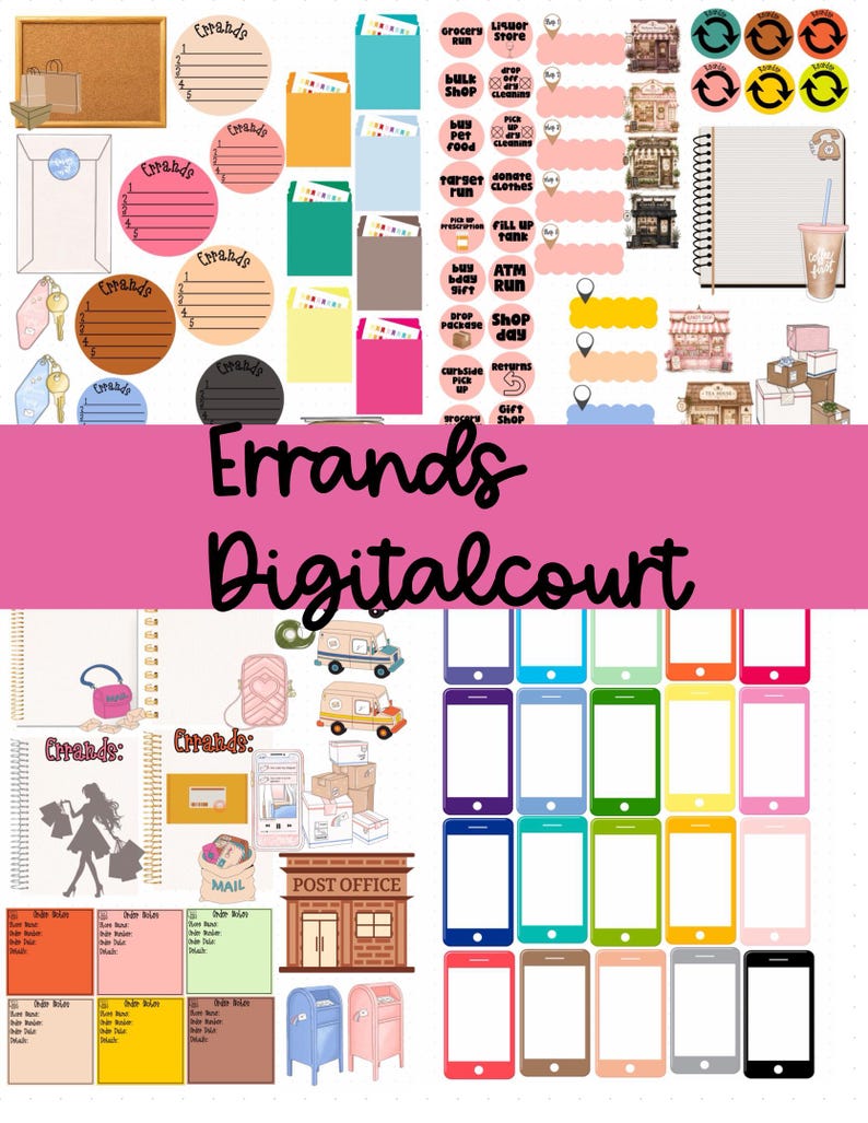 May include: A collection of digital planner stickers featuring various errand-themed icons, including circular checklists, colorful envelopes, shopping-related text labels, small storefront illustrations, mailboxes, and smartphone-shaped frames.
