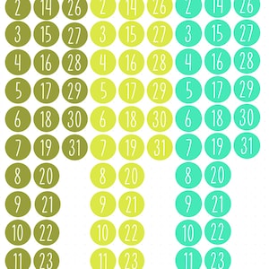 May include: A collection of circular stickers arranged in three vertical columns, each featuring numbers from 1 to 31 in a white sans-serif font. The columns are colour-coded in olive green, lime green, and bright turquoise, respectively.
