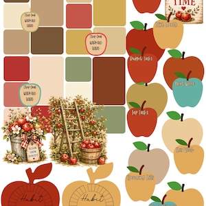 Peut inclure: Une collection d'autocollants de planification sur le th&egrave;me de la r&eacute;colte comprenant des blocs de couleur rectangulaires, des &eacute;tiquettes en forme de pomme avec du texte comme "This Month", "Budget Tasks" et "Habit", ainsi que des illustrations de paniers de pommes.