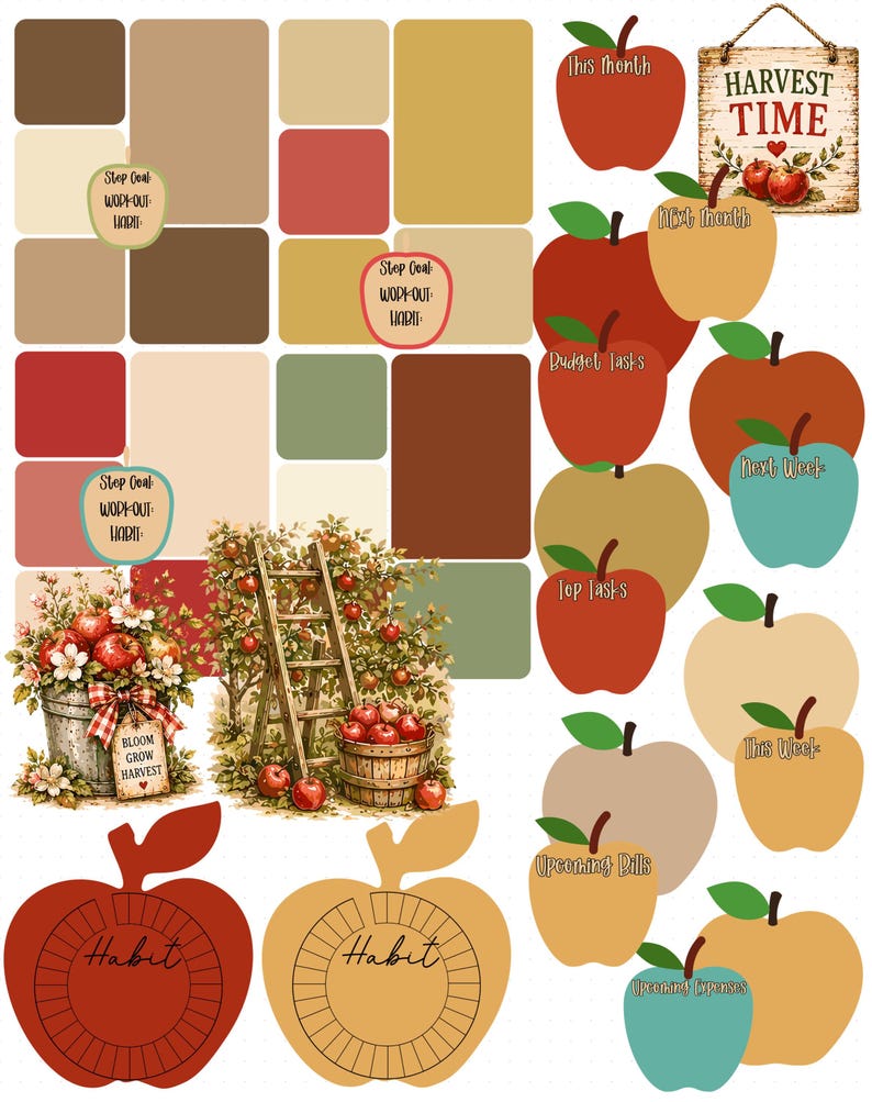 Peut inclure: Une collection d'autocollants de planification sur le th&egrave;me de la r&eacute;colte comprenant des blocs de couleur rectangulaires, des &eacute;tiquettes en forme de pomme avec du texte comme "This Month", "Budget Tasks" et "Habit", ainsi que des illustrations de paniers de pommes.