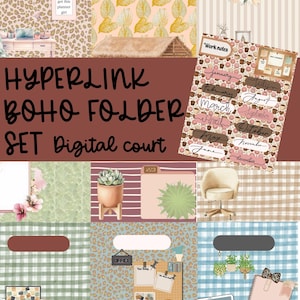 May include: A digital Boho folder set with various designs, including leopard print, floral, and plaid patterns. The set includes a calendar, office-themed elements, and the text "HYPERLINK BOHO FOLDER SET Digital court."