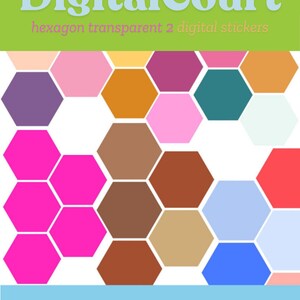 Può includere: Un foglio di adesivi digitali con un motivo esagonale che presenta diversi colori, tra cui rosa, viola, arancione, marrone, blu e bianco. Il testo "DigitalCourt hexagon transparent 2 digital stickers" è in cima al foglio.