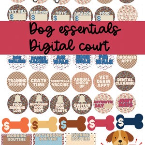 May include: A digital print featuring dog-themed graphics. The design includes circular labels with text like "Flea & Tick," "Dog Sitter," and "Vet Bill." Bone-shaped elements and a dog illustration are also present. The text "Dog essentials Digital court" is displayed.