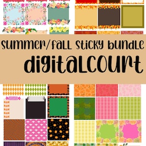 Könnte beinhalten: Ein digitales Kunstpaket mit bunten Haftnotizen und gemusterten Hintergründen. Die Designs umfassen Blumenränder, Herbstblätter und Halloween-Muster. Der Text auf dem Bild lautet "summer/fall sticky bundle digitalCOUNT."