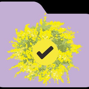 Peut inclure: Un dossier violet avec une coche jaune dans un cercle jaune. La coche est noire. L'arri&egrave;re-plan est un groupe de fleurs jaunes.