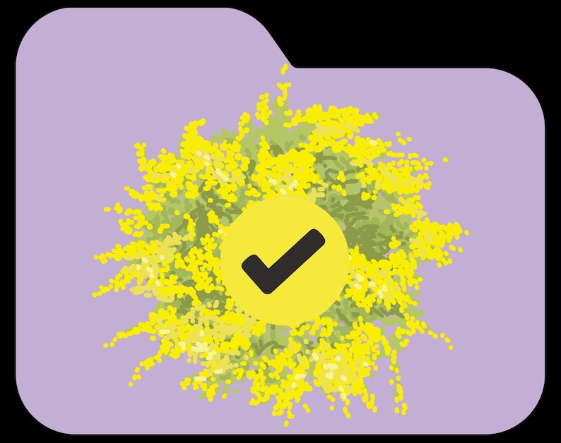 Peut inclure: Un dossier violet avec une coche jaune dans un cercle jaune. La coche est noire. L'arri&egrave;re-plan est un groupe de fleurs jaunes.