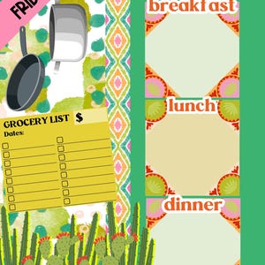May include: A printable meal planner for Friday with a grocery list, cactus illustrations, and a green background. The meal planner is divided into sections for breakfast, lunch, and dinner.