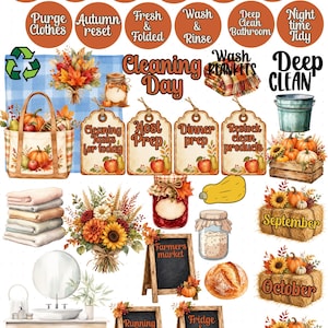 May include: A collection of autumn-themed digital stickers featuring round labels with text like Recycle Day and Deep Clean, a tote bag with pumpkins, hanging tags, floral bouquets, a bathroom vanity, hay bales labelled September, October, November, and chalkboards.
