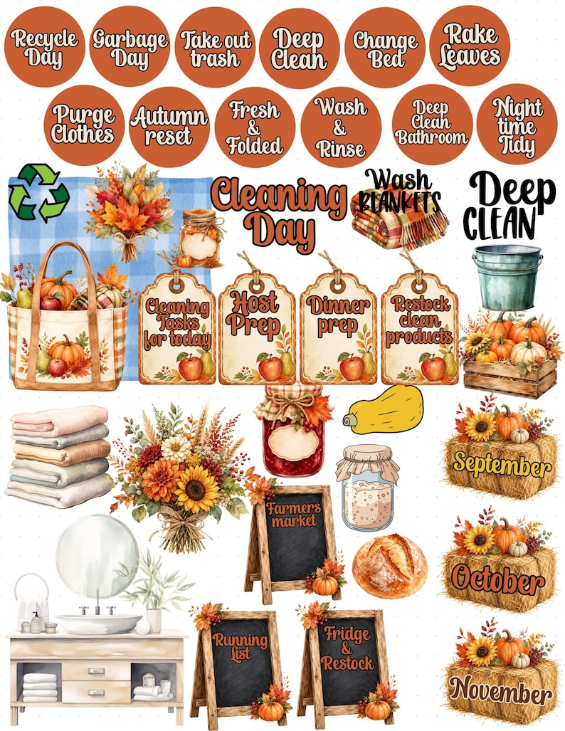 May include: A collection of autumn-themed digital stickers featuring round labels with text like Recycle Day and Deep Clean, a tote bag with pumpkins, hanging tags, floral bouquets, a bathroom vanity, hay bales labelled September, October, November, and chalkboards.