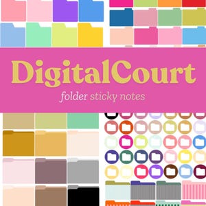 May include: A collection of colorful folder-shaped sticky notes in various colors, including pink, blue, yellow, and green. The text "DigitalCourt folder sticky notes" is displayed on a pink background.