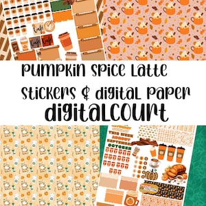 Pode incluir: Uma coleção de autocolantes e papel digital com o tema pumpkin spice latte. A imagem inclui autocolantes com chávenas de café, etiquetas de planeador semanal e papel estampado com café e desenhos de folhas de outono. O texto "Pumpkin Spice Latte Stickers & digital paper digitalCOURT" é visível.