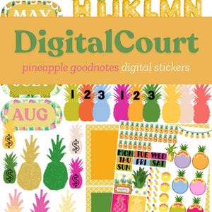 May include: Digital stickers for Goodnotes app featuring a pineapple theme. The stickers include letters, numbers, months of the year, days of the week, and other decorative elements.