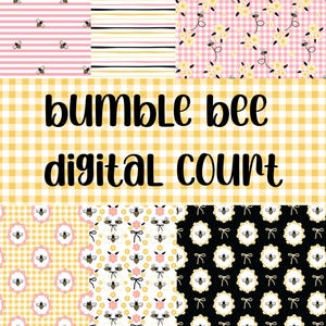May include: A collection of digital fabric patterns featuring bees and floral designs. The patterns include pink stripes with bees, yellow and black stripes, pink gingham with flowers, yellow gingham, and bee-themed medallions. The text "Bumble Bee Digital Court" is displayed.