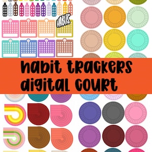 May include: A collection of digital habit trackers featuring various shapes including bottles, squares, circles, and rainbows in a wide array of colors. The image includes the text "HABITS" and "habit trackers digital court" in black and orange.