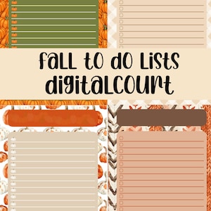 May include: Digital printable fall-themed to-do lists. The design features pumpkins, fall colors, and the text "FALL to do Lists digitalCOURT". Each list has a different background pattern and color, including green, beige, and orange.