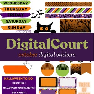 May include: A set of digital stickers for October featuring a Halloween theme. The stickers include a black cat, bats, pumpkins, ghosts, and a variety of other Halloween-themed designs. The stickers are perfect for adding a festive touch to your planner, journal, or other digital projects.