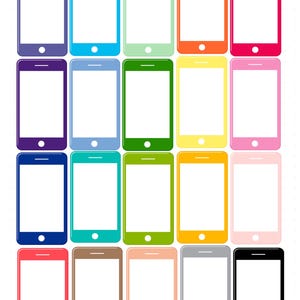 May include: A collection of twenty rectangular smartphone icons arranged in a grid. Each icon features a white screen area, a horizontal speaker slot at the top, and a circular home button at the bottom, displayed in various solid colors.