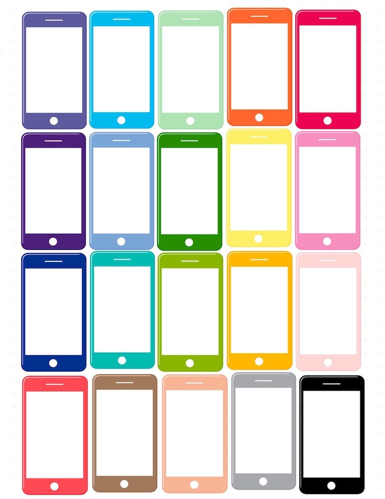 May include: A collection of twenty rectangular smartphone icons arranged in a grid. Each icon features a white screen area, a horizontal speaker slot at the top, and a circular home button at the bottom, displayed in various solid colors.