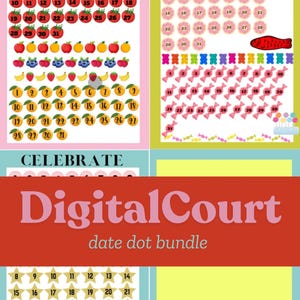 Peut inclure: Un ensemble de points de date numériques colorés avec des thèmes de fruits, de bonbons et de célébrations. Chaque thème présente des points numérotés de différentes formes, notamment des pommes, des fleurs et des étoiles. Le texte "DigitalCourt date dot bundle" est affiché.