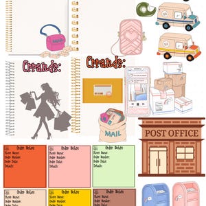 May include: A collection of digital planner stickers featuring spiral notebooks with the text Errands, delivery trucks, a pink heart bag, a silhouette of a person shopping, a smartphone, shipping boxes, a mail bag, a post office, and mailboxes.