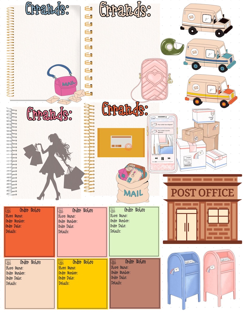 May include: A collection of digital planner stickers featuring spiral notebooks with the text Errands, delivery trucks, a pink heart bag, a silhouette of a person shopping, a smartphone, shipping boxes, a mail bag, a post office, and mailboxes.