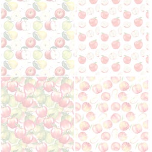 Peut inclure: Un motif r&eacute;p&eacute;titif compos&eacute; d'illustrations &agrave; l'aquarelle de pommes enti&egrave;res et coup&eacute;es dans des tons de rouge, vert et jaune, dispos&eacute;es en quatre sections de grille distinctes avec des densit&eacute;s et des styles de fruits vari&eacute;s.