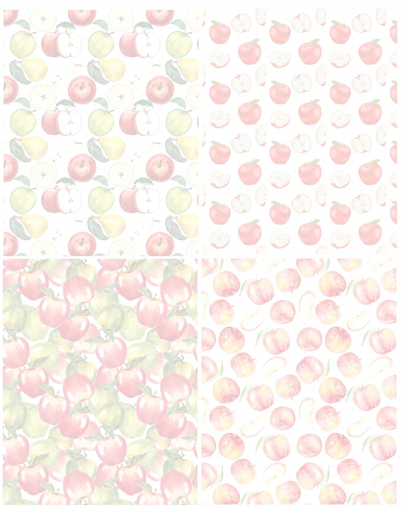 Peut inclure: Un motif r&eacute;p&eacute;titif compos&eacute; d'illustrations &agrave; l'aquarelle de pommes enti&egrave;res et coup&eacute;es dans des tons de rouge, vert et jaune, dispos&eacute;es en quatre sections de grille distinctes avec des densit&eacute;s et des styles de fruits vari&eacute;s.