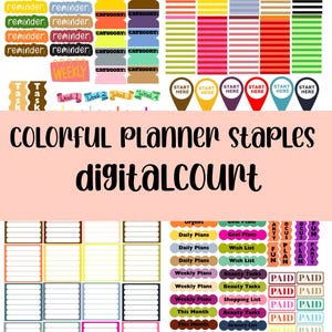 May include: A collection of colorful planner staples, including reminder labels, category labels, weekly labels, and task labels. The image also features various planner stickers with phrases like "Daily Plans," "Wish List," and "Paid."