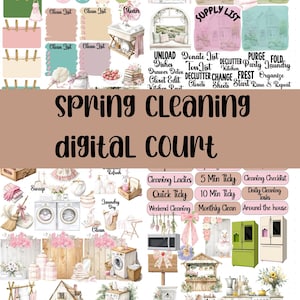 May include: A digital collage with a spring cleaning theme. Includes various watercolor illustrations of cleaning supplies, laundry, and home decor. Text elements include "Spring Cleaning Digital Court" and cleaning task lists.