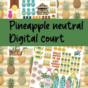 May include: A digital planner with a pineapple theme. The design includes various summer-themed elements, such as pineapples, surfboards, and tropical plants. The planner features sections for weekly, monthly, and daily planning, with the text "Hello Summer".