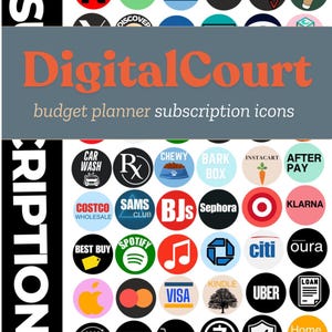 May include: A colorful chart with circular icons representing various subscription services, including Hulu, HBO, Verizon, Starbucks, Costco, Sam's Club, Spotify, Best Buy, Apple, Visa, Kindle, Uber, and more. The chart is titled "DigitalCourt budget planner subscription icons".