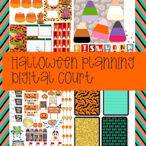 May include: A digital sticker sheet for Halloween planning featuring candy corn shapes, pumpkins, ghosts, bats, and calendar labels. The collection includes various icons, text boxes, and patterned rectangles with orange, black, and green color themes.