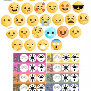 May include: A collection of watercolor-style yellow circular emoji stickers displaying various facial expressions and emotions, alongside rectangular stickers featuring the text Daily Wellness and icons representing sun cycles and downward arrows.