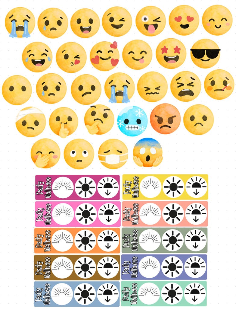 May include: A collection of watercolor-style yellow circular emoji stickers displaying various facial expressions and emotions, alongside rectangular stickers featuring the text Daily Wellness and icons representing sun cycles and downward arrows.