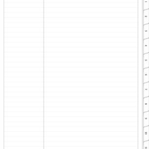 May include: A blank, white notebook with horizontal lines and a vertical line dividing the pages. The notebook has numbered tabs along the right edge, from 1 to 12, and a tab with three dots. The notebook is open and ready for writing.