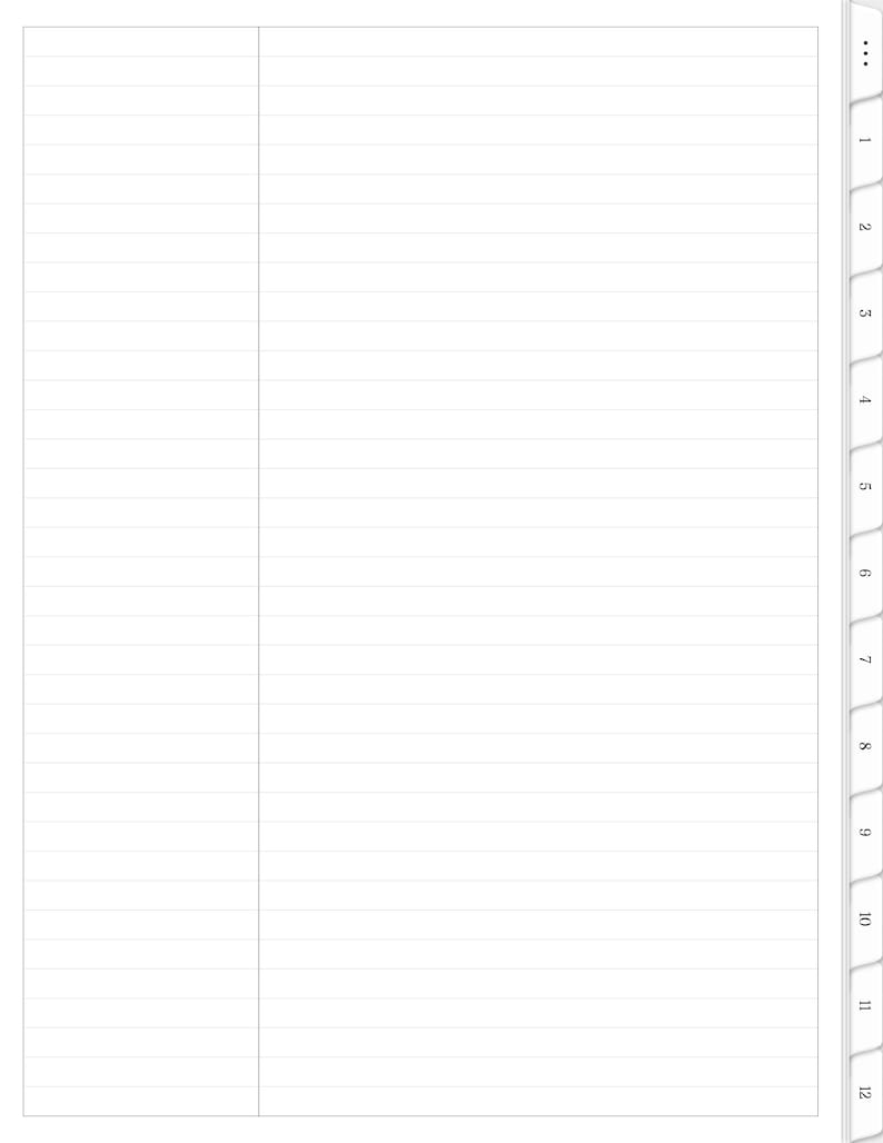 May include: A blank, white notebook with horizontal lines and a vertical line dividing the pages. The notebook has numbered tabs along the right edge, from 1 to 12, and a tab with three dots. The notebook is open and ready for writing.