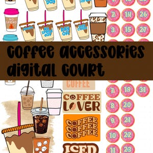 Puede incluir: Una hoja de pegatinas digitales con varios vasos de café helado con pajitas, tazas de café caliente con tapa y marcadores de fecha rosas con forma de dónut numerados del 1 al 31. Incluye los textos Coffee Lover, Coffee e Iced Coffee Addict.