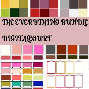 Op de afbeelding: Een digitale kunstbundel met verschillende kleurenpaletten en klembordontwerpen. De afbeelding toont meerdere kleurstalen in tinten roze, rood, oranje en groen. De tekst luidt "THE EVERYTHING BUNDLE" en "DIGITALCOURT".