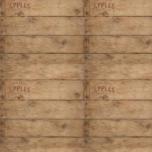Peut inclure: Un motif r&eacute;p&eacute;titif de planches en bois brun clair avec une texture vieillie. Le design comprend le texte imprim&eacute; Farm Fresh Apples Picked With Care, une petite illustration de pomme rouge et le texte U.S.A. Produce en encre rouge.