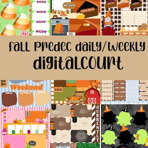 May include: Digital planner stickers with a fall theme. The stickers include candy corn, pumpkins, pie slices, and weekly plan layouts. Text includes "Fall Predec Daily/Weekly Digital Count", "This Week", and daily labels.