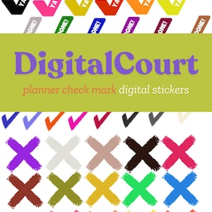 May include: A set of 365 colourful digital planner stickers featuring check marks and X marks. The stickers are designed for use in digital planners and are perfect for marking tasks as complete or incomplete.