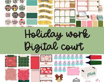 May include: A digital sticker set featuring holiday-themed planner elements including circular icons, gold banners with text, weekly schedule grids, computer monitors, file boxes, office furniture, and briefcases in red, green, pink, and gold tones.
