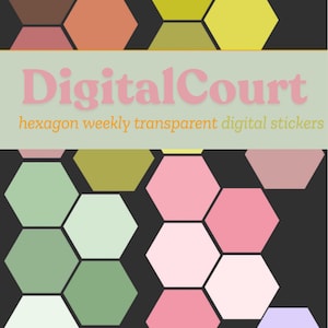 May include: Digital Court hexagon weekly transparent digital stickers. The stickers are in various colors, including green, pink, yellow, and brown. The stickers are arranged in a honeycomb pattern.