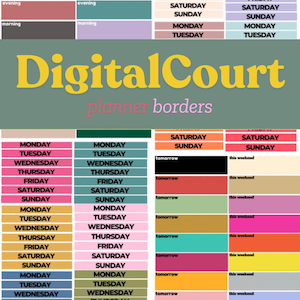 May include: A digital planner border set with colorful boxes and text that says "DigitalCourt planner borders". The boxes are labeled with days of the week and include the words "tomorrow" and "this weekend".