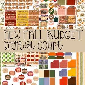 May include: A digital sticker sheet for fall budgeting featuring autumn-themed icons, pumpkin graphics, and text labels including "Savings Tracker," "Weekly Budget," "Budget Notes," "Paycheck Breakdown," "Upcoming Bills," and "Expenses" in warm colors.